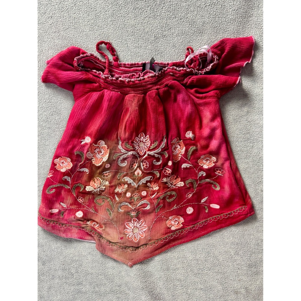 In Girl Hand Dyed Pink Floral Embroidered Off Shoulder Top Girls M 10-12 Boho